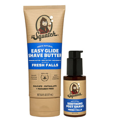 Dr. Squatch front packaging showing both shave butter and post-shave bottles for a clear kit