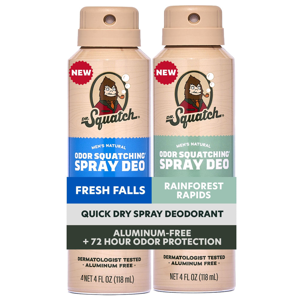 Dr. Squatch front packaging showing two 4oz spray cans and product benefits