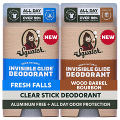 Dr. Squatch front packaging showing two sticks with clear finish benefit