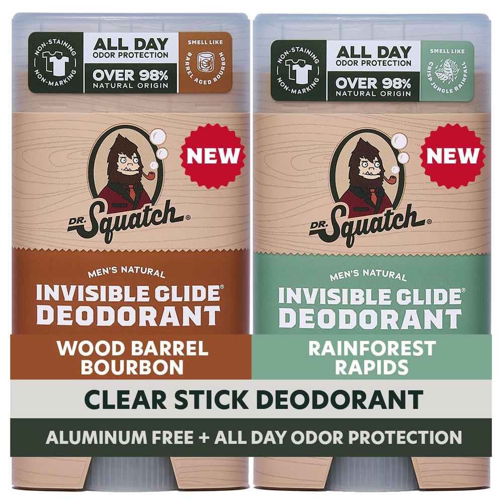 Dr. Squatch front packaging showing two natural deodorant sticks, clear benefit