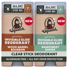 Dr. Squatch front packaging showing two natural deodorant sticks, clear benefit