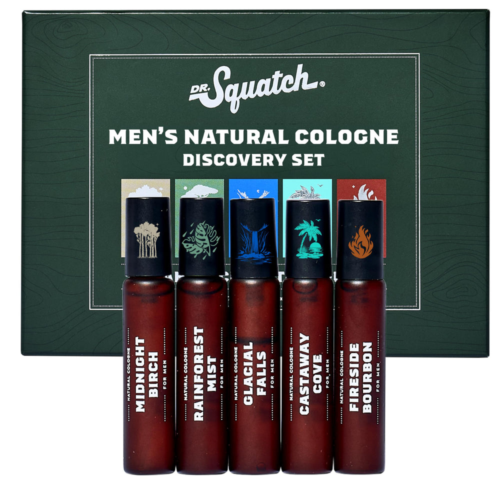Dr. Squatch front packaging showing five mini colognes for easy scent sampling
