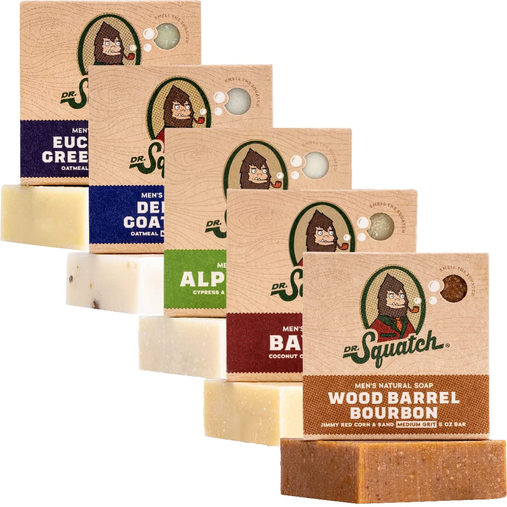 Dr. Squatch front view of five bar soap pack shows variety and natural appeal
