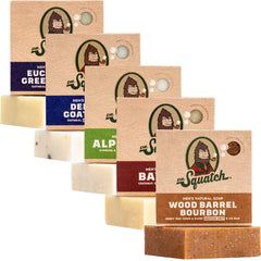 Dr. Squatch front view of five bar soap pack shows variety and natural appeal