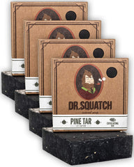 Dr. Squatch four-pack front view showing natural pine tar bars and benefits