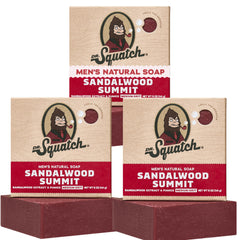Dr. Squatch pack front showing three sandalwood bars and clear labeling for natural benefits