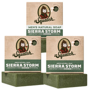 Dr. Squatch front packaging showing Sierra Storm three‑pack and bold branding benefit: easy gift-ready presentation