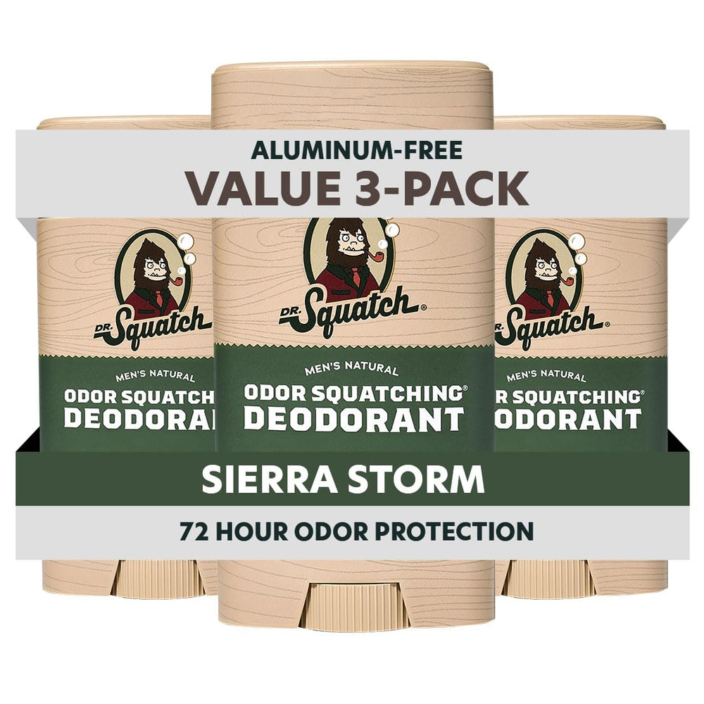Dr. Squatch front packaging showing Sierra Storm 3-pack, confident natural protection