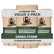 Dr. Squatch front packaging showing Sierra Storm 3-pack, confident natural protection