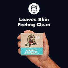 Close-up of a single Dr. Squatch bar texture, highlighting rich lather and natural oils