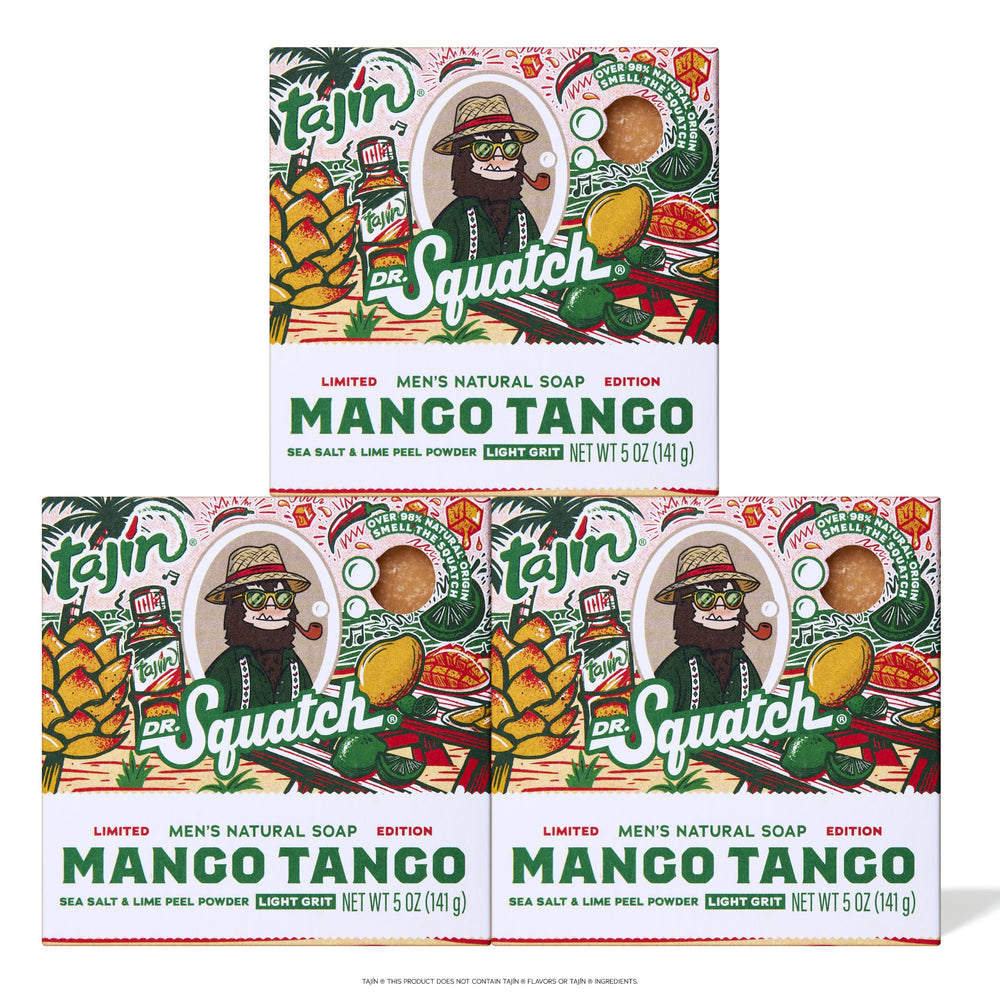 Dr. Squatch front packaging showing Mango Tango three-bar bundle benefit of bold scent