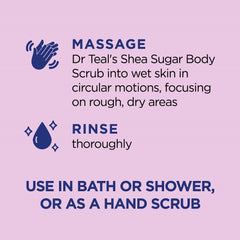 Dr Teal's scrub smeared on hand demonstrating gentle exfoliation benefit