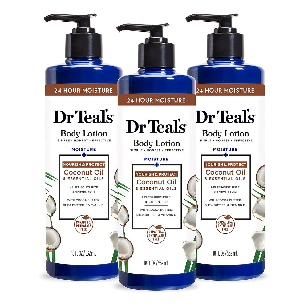 Dr Teal's front bottle view showing coconut lotion and hydration benefits