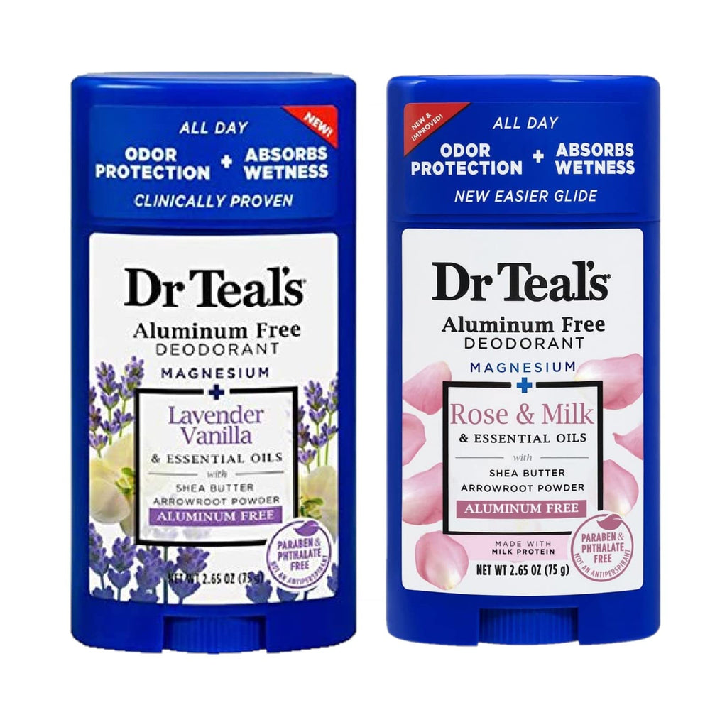 Dr Teal's front packaging showing both deodorant sticks and benefits