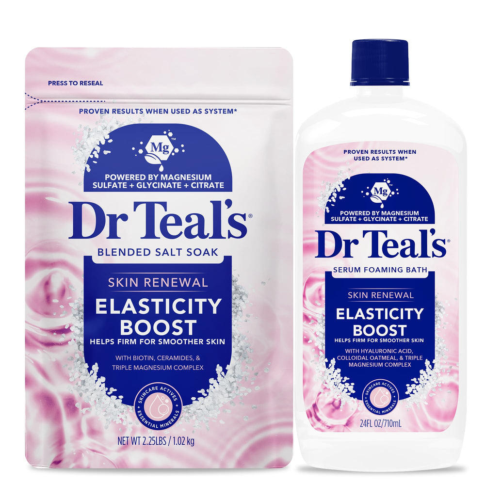 Dr Teal's front packaging displaying salt soak and foaming bath for firmer skin