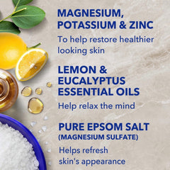 Dr Teal's ingredients label photo listing magnesium, zinc, potassium and clean-beauty benefits