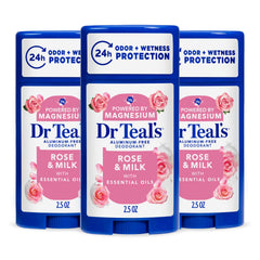 Dr Teal's front packaging showing rose and milk scent, promotes gentle odor control