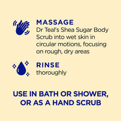 Dr Teal's pouring spoon with scrub showing sugar crystals and oils, highlights easy scoop