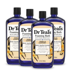 Dr Teal's front packaging showcasing vanilla comfort and benefits