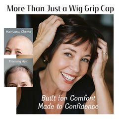 Dreamlover cap stretched across hand to show stretch and sizing benefit