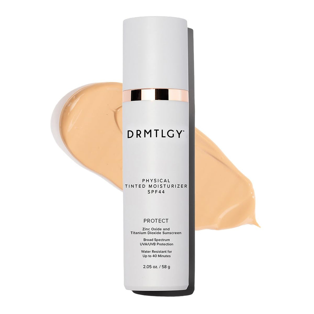 DRMTLGY front packaging showing SPF 44 and tinted moisturizer benefits