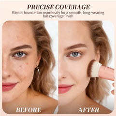 DUcare brush pressing foundation on skin showing even application and coverage benefit