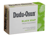 Dudu-Osun front packaging showing five original black soap bars for versatile cleansing