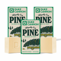 Duke Cannon front packaging showing three 10 oz bars and pine scent benefit