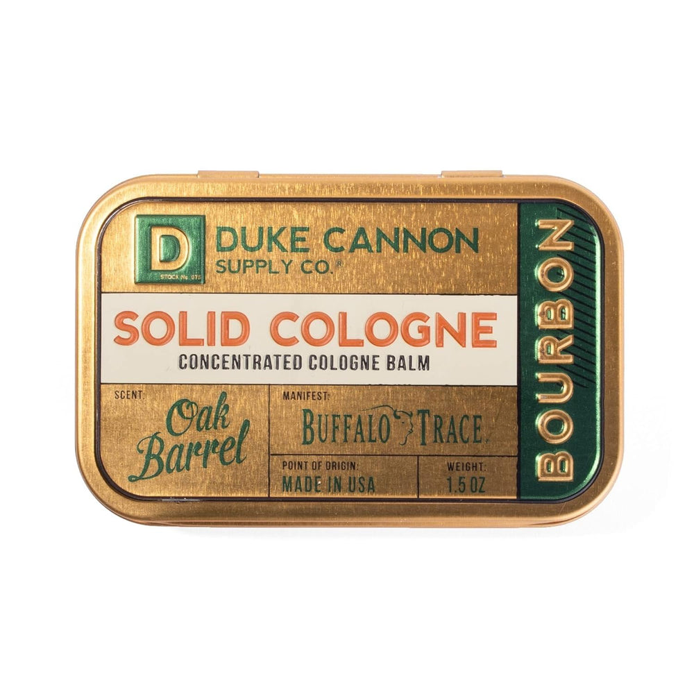 Duke Cannon front-facing tin showing Bourbon scent and compact benefit