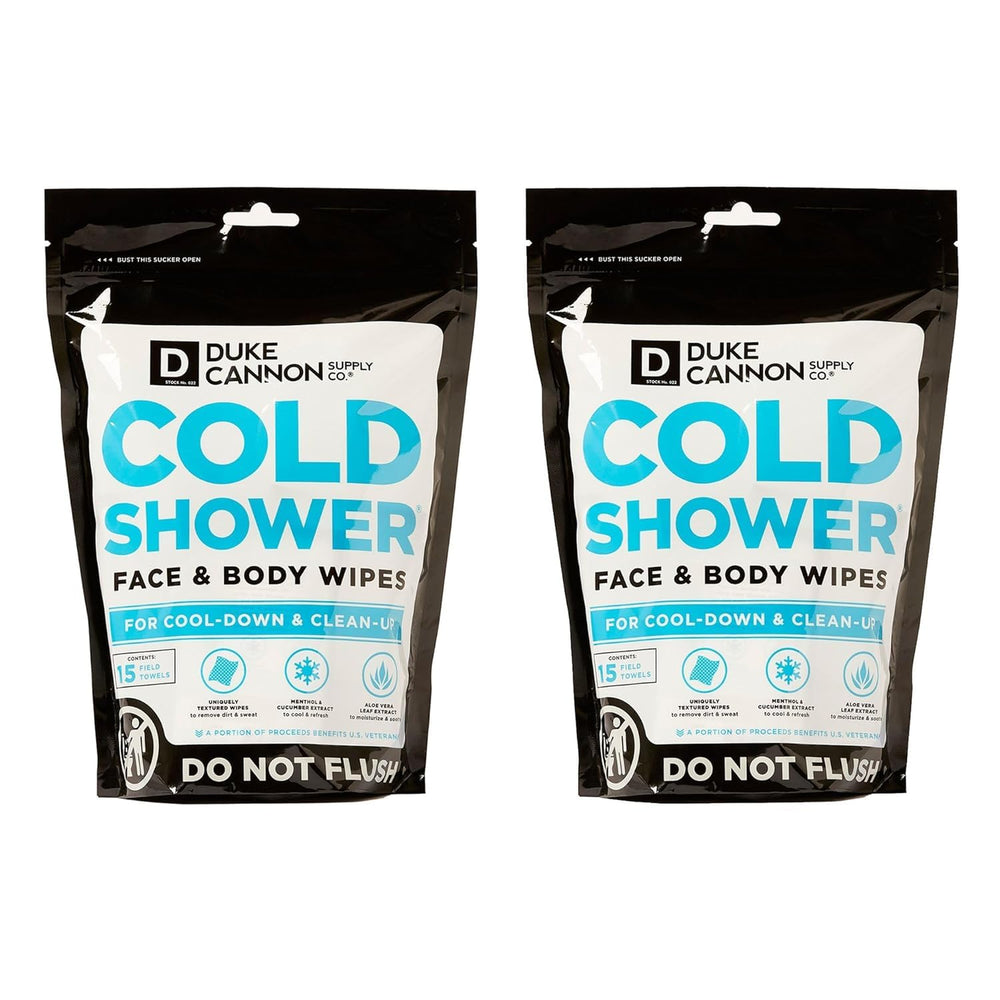 Duke Cannon front pack showing two 15-count cooling towel pouches for portability