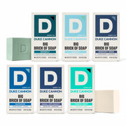 Duke Cannon front packaging showing six-brick variety pack and bold branding benefit longevity