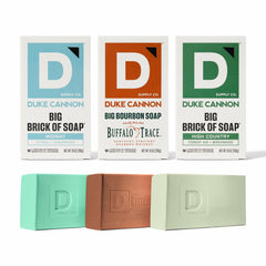 Duke Cannon front packaging showing durable box and three-bar set benefits