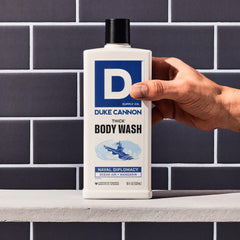 Duke Cannon label close-up showing ingredients and paraben-free benefit