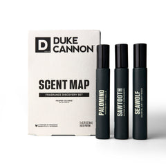 Duke Cannon front packaging showing three travel colognes for easy gifting