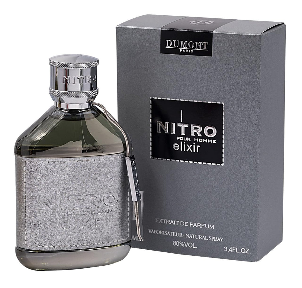 Dumont Nitro Elixir front bottle showing leather wrap and chrome cap, conveys luxury