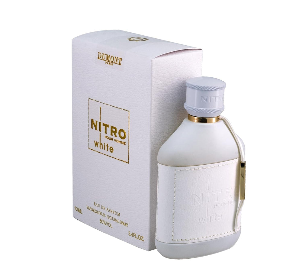 Dumont Nitro White front bottle showing minimalist white design and modern appeal