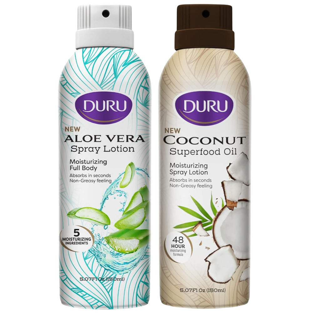 Duru bottle front view showing spray nozzle and tropical coconut benefit