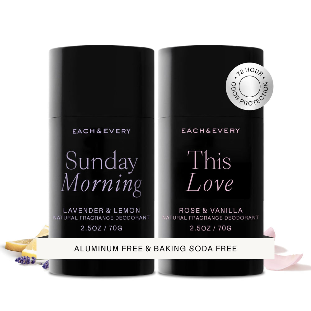 Each & Every front packaging showing two deodorant sticks and benefits
