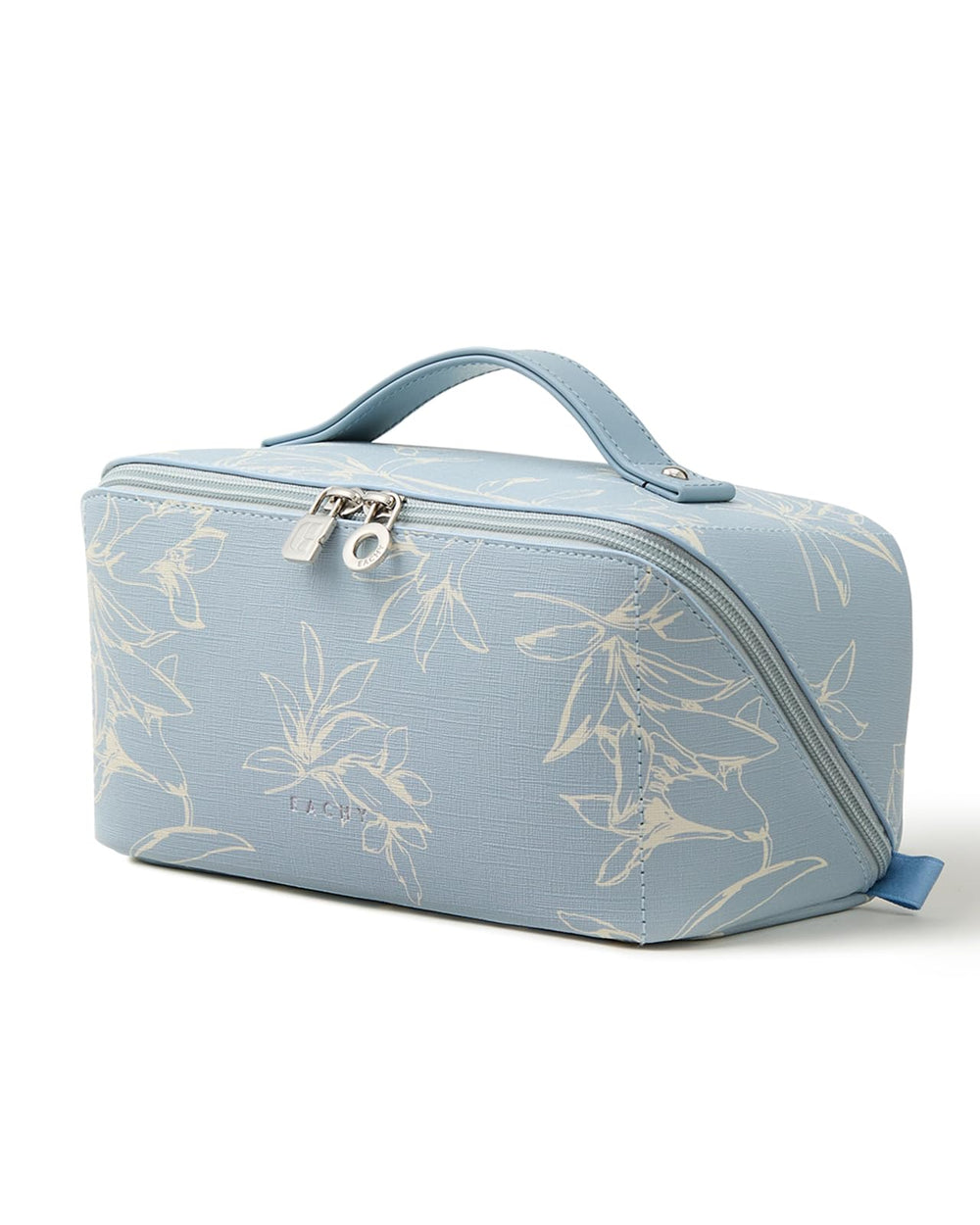 EACHY blue floral bag front view showing compact organized design