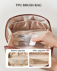 EACHY close-up of clear brush compartment protecting brushes from makeup