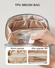 EACHY close-up of clear brush compartment protecting and organizing brushes