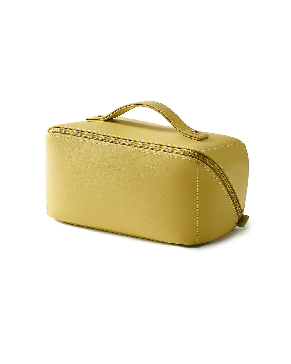 EACHY front view showing green flat-open cosmetic bag with neat exterior finish and travel-ready benefit