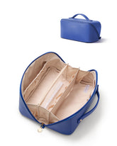 EACHY front view blue makeup bag shows compact organized design and quick access