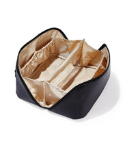 EACHY front view of black medium cosmetic bag showing compact silhouette and easy storage