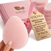 Earth & I front packaging of 12 AeroSilk puffs showing neat luxury box — clean storage benefit