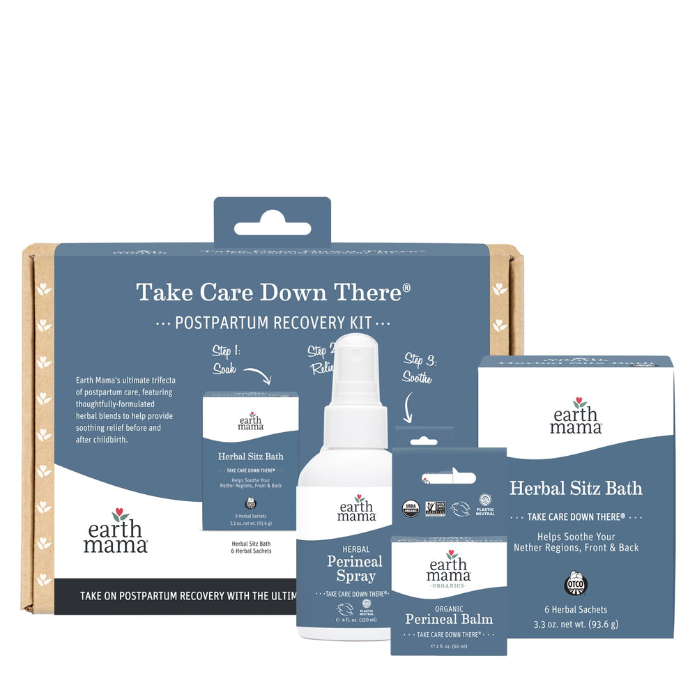Earth Mama front packaging showing the 3-piece postpartum kit and calming design