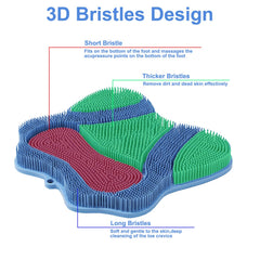 Easkite in-shower use with foot on scrubber enabling hands-free cleaning benefit