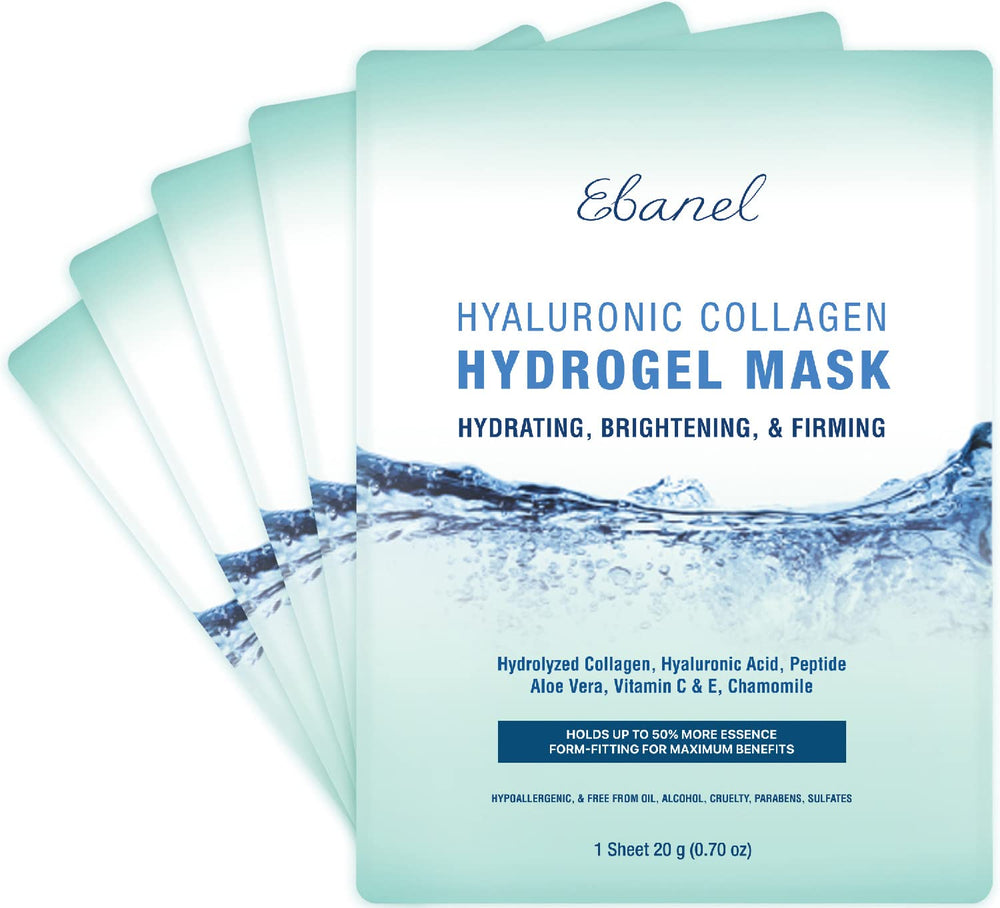 Ebanel front packaging showing five hydrogel collagen masks and clear benefits