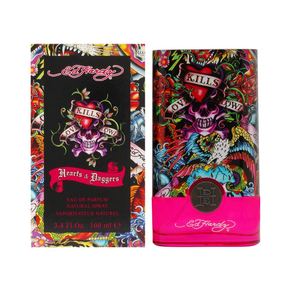ED HARDY front view of Hardy Hearts & Daggers bottle showing branding and design for shelf appeal