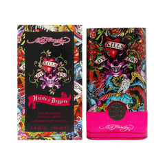 ED HARDY front view of Hardy Hearts & Daggers bottle showing branding and design for shelf appeal